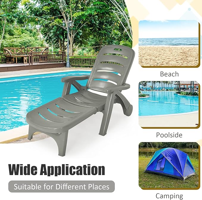 Tangkula Outdoor Chaise Lounge Chair, Adjustable 5-Position Recliner Chair with Built-in Wheels, Weather-Resistance Folding Lounge for Patio, Backyard, Poolside and Beach (2, Grey)