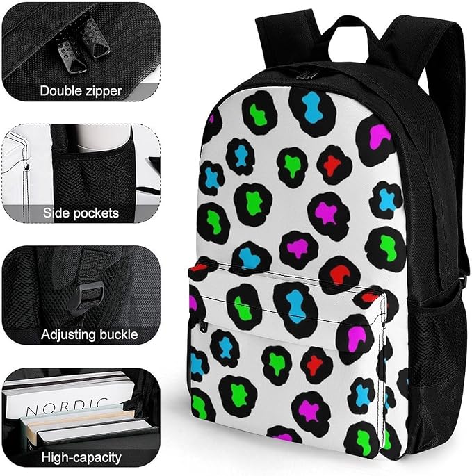 Supdreamc Men Women Polyester Wild Animal Colorful Cheetah Leopard Daypack Bookbag Big Capacity Shoulder Bag With Padded Straps for Climbing Travel Walking Cycling