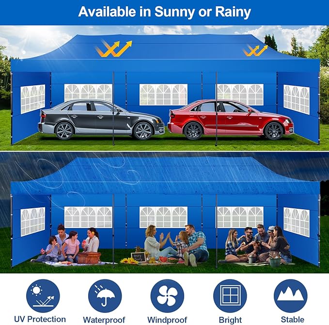 COBIZI 10x30 Pop up Canopy Tent 10x30 Canopy with 8 Sidewalls Waterproof Heavy Duty Commercial Canopy Tent for Parties Outdoor Garden Gazebo, Carry Bag with Wheel(10x30ft, Dark Blue)