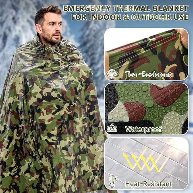SecuCaptain Survival Emergency Thermal Blankets: Thicken 28um Space Mylar Blanket Kit for Outdoor Cold Winter Camping, Hiking, Car Bug Out Bag, or First Aid - Woodland Camo 4 Pack