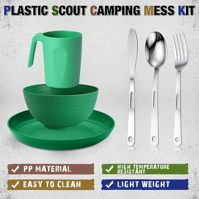Scout Camping Mess Kit for 1 Person Boy Scout Dishes Set Girl Scout Mess Kit with Mesh Bag Reusable Light Weight Eating Utensils Plastic Camping Cutlery Set for Travel Camp