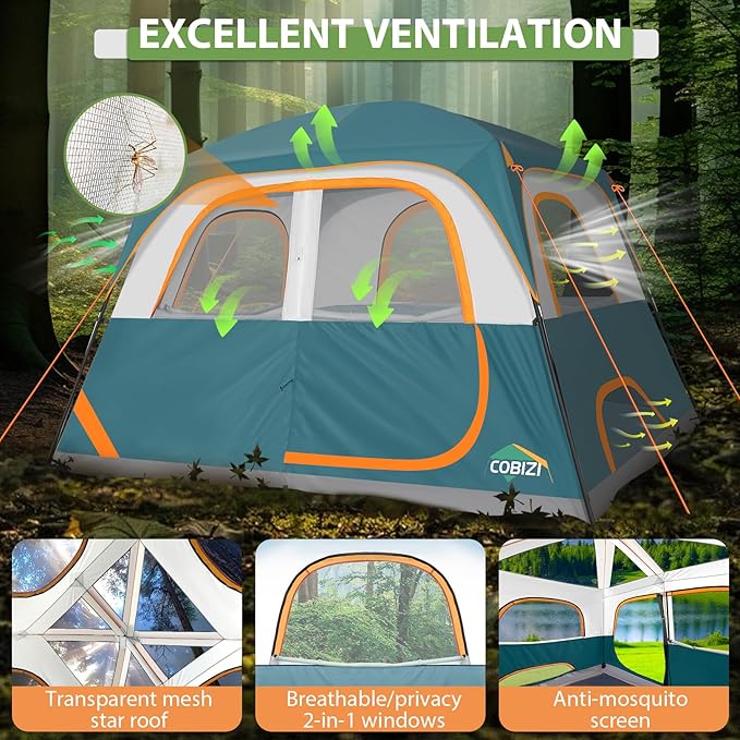 COBIZI Tents for Camping 4/6 Person Camping Tent with Rainfly and Screen, Easy Setup Lightweight Portable Waterproof Outdoor Tent with Carry Bag for Backpacking, Hiking, Family Travel
