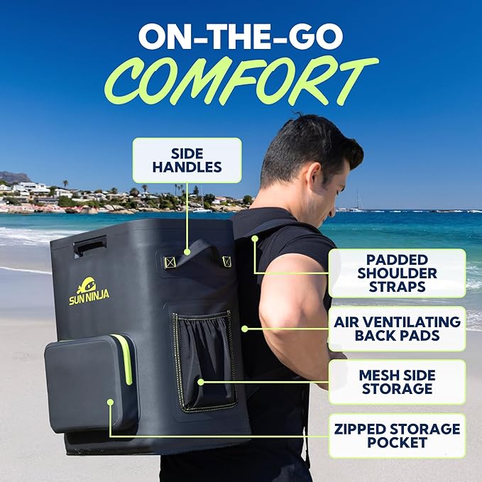 Sun Ninja Backpack Cooler - Insulated Leak Proof Beach Bag - 100% Waterproof Travel Picnic Backpacks for Men & Women - Keeps Drinks Cold for up to 48 Hours - Up to 36 Cans