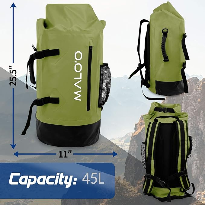 Malo'o 45L Waterproof Heavy Duty Backpack Dry Bags for Kayaking, Camping, Fishing, Hiking Daypack - Beach Accessories, Boat accessories, and Travel Gear - Fishing Rod Case Straps (Green)