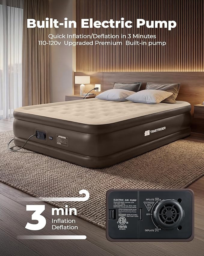 Air Mattress Full with Built in Pump,18'' Raised Blow Up Air Bed, 3 Mins Quick Self-Inflation/Deflation Inflatable Bed for Guests & Home, Outdoor Camping, 600lbs Max（Light Brown）