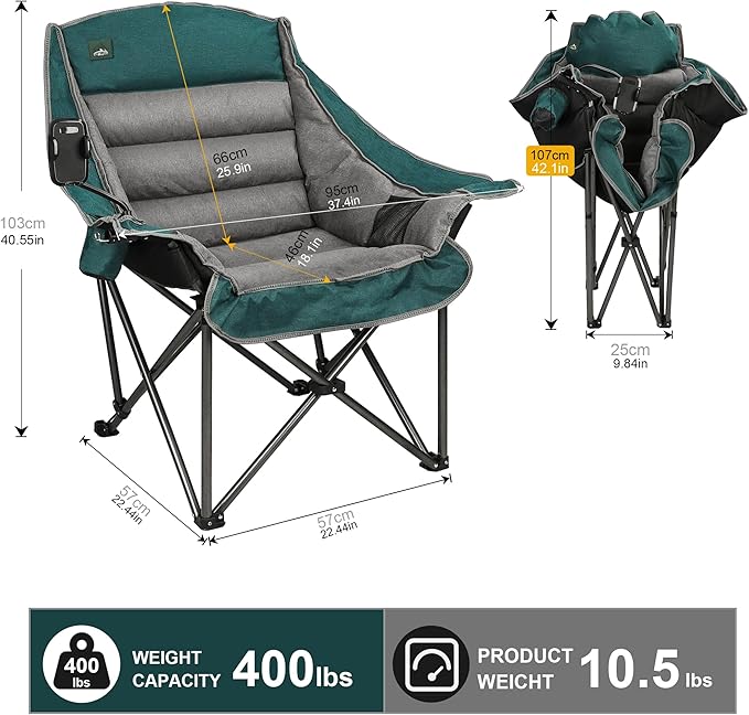 Northroad Oversized XL Padded Camping Chair w/Cell Phone Holder, Large Camp Lounge Chair, Foldable Lawn Chair w/Cup Holder,Carry Bag for Outdoor Hiking, Beach, Picnics, Heavy-Duty 400-lbs Capacity