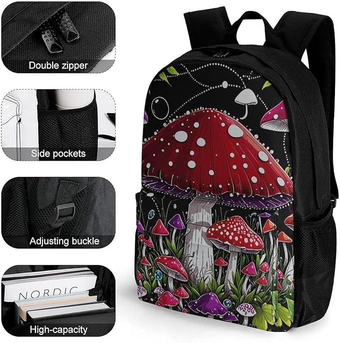 Men Women Lightweight Magic Mushrooms Trip Backpack Large Capacity Bookbag With Smooth Zippers for Gym Business Running