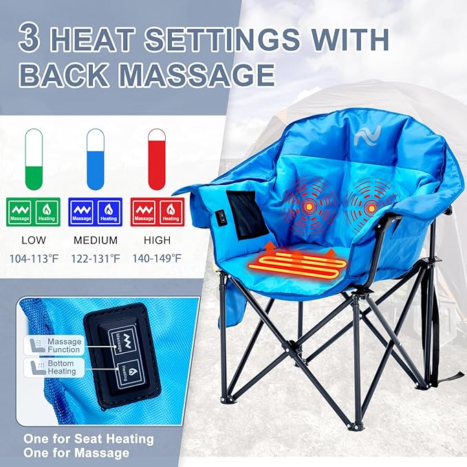 ABORON Oversized Heated Camping Chair, Portable Folding Recliner Chair with 3 Heat Settings & Massage Fuction, Fully Padded Heavy Duty Lawn Chair Supports Up to 400lbs, Ideal for Outdoor Relaxation