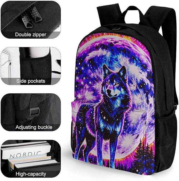 Supdreamc Adults Lightweight Trippy Wolf Space Galaxy Art Shoulder Book Bags Big Capacity Shoulder Bag With Adjustable Shoulder Straps for Trekking Work Walking Cycling