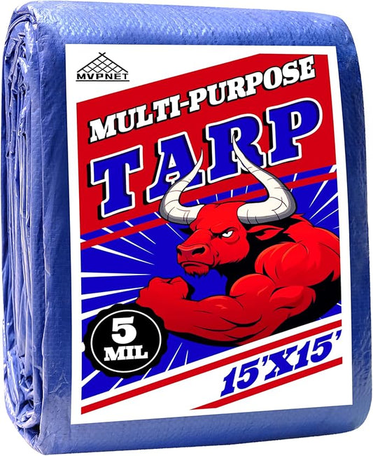 Tarp 15x15 ft 100% Waterproof Uv Resistant High Durability Multipurpose 5mil Blue Tarp for Covering Courtyards, Cars, Camping, Gardens, Pet Nests -by MVPNET