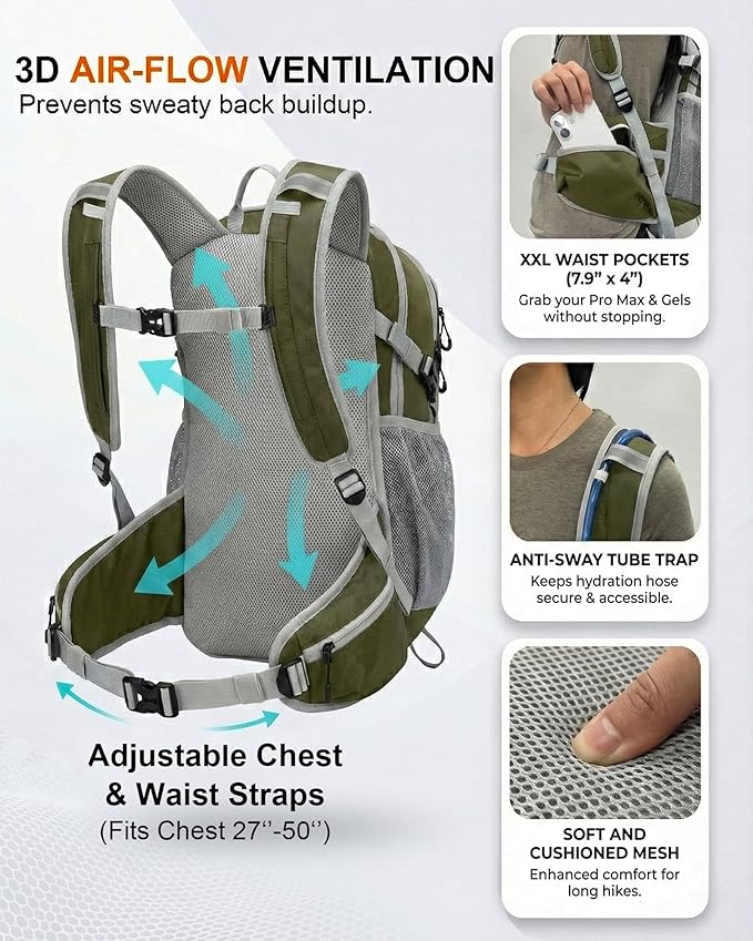 Hydration Backpack with 2L Bladder – Thermal Insulated Water Pack for Hiking, Skiing, Running – Lightweight Daypack for Men & Women, Soft-Lined Sunglasses Pocket & Large Waist Pockets