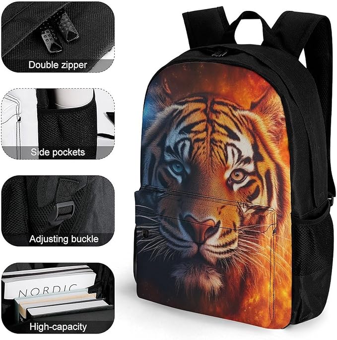 Rucksack Polyester Anti-Theft Multipurpose Space Fire Flame Animal King Wild Angry Tiger Bookbag Big Capacity Travel and Sport Backpack Rucksack With Side Pockets
