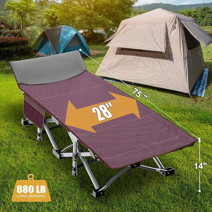 ABORON Folding Camping Cot W/Mat for Adults, Heavy Duty Outdoor Bed with Carry Bag,1200 D Layer Oxford Travel Camp Cots (1, Red Stripe with Blue Pad)