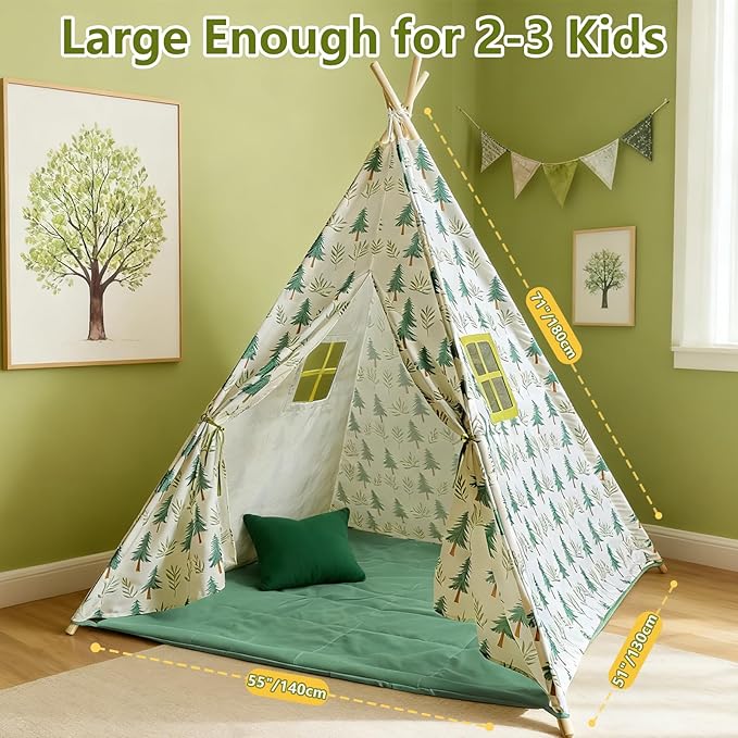 Forest Teepee Tent for Kids Indoor & Outdoor Play Tent Playhouse with Mat&Light, Peach-Skin Fabric, Solid Pine Poles, Nature-Inspired Hideaway Toddler Tents for Boys & Girls,Kids Room Decor Sleepover