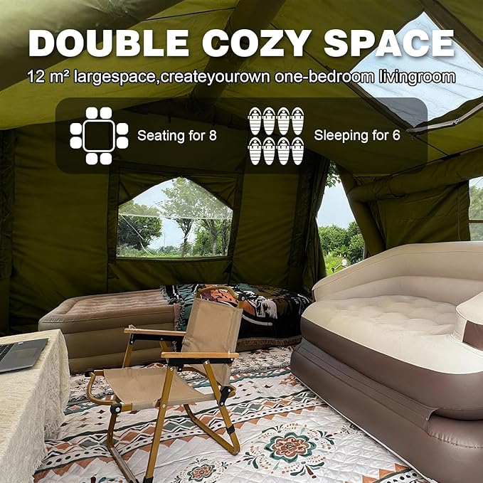 Inflatable Tents for Camping 8-10 Person, Luxury Inflatable Tent House with Stove Jack, Waterproof Portable Inflatable Camping Tent with Rainfly