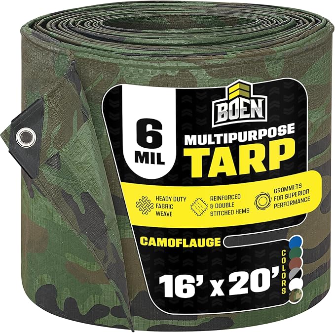 Multi-Purpose Large Tarp Waterproof Cover | Camo, 16' x 20' 6 Mil Thick | Rip Proof Tarps | Thick Weave Material, UV Resistant Great for Tarpaulin Canopy Tent, Boat, RV or Pool Cover