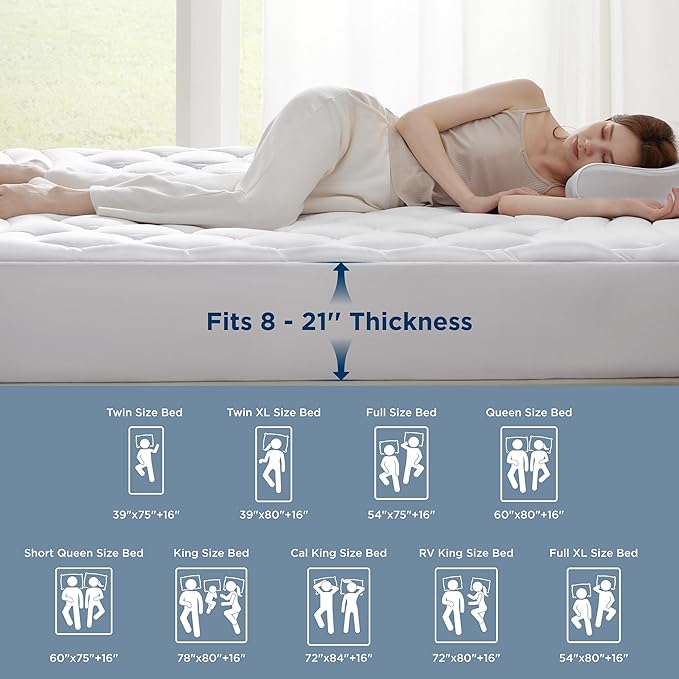 Bedsure Queen Mattress Pad - Quilted Fitted Mattress Topper Protector with 8-21 Inches Deep Pocket, Noiseless Breathable Bed Cover Padded, Machine Washable, White, 60x80 Inches