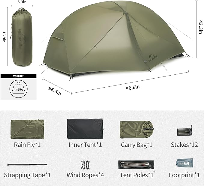 Naturehike Mongar Pro 1/2/3 Person Backpacking Tent,Waterproof Nylon Easy Setup Lightweight Camping Tent