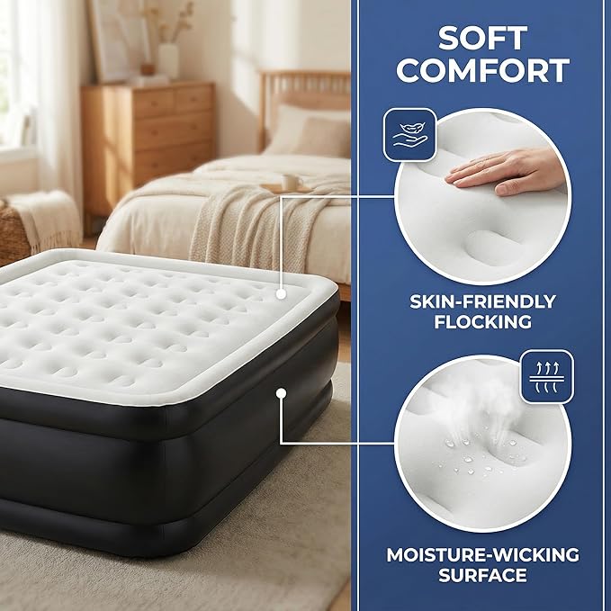 Queen Air Mattress with Built-in Pump - 22" Double Height, Non-Slip Bottom, Supports 660lbs for Home & Camping