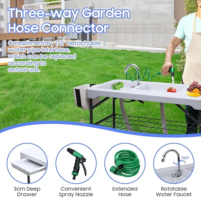 Nice C Fish Cleaning Table, Fish Cleaning Station with Sink, Fish Skinning Table, 42.5'' Camping Table, w/Dual Universal Faucet & Spray, Drainage Hoses, Grid Rack, Basket, Toolkit for Picnic, Camping
