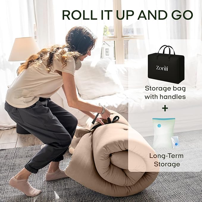 ZonLi Japanese Floor Futon Mattress Twin Size 75"x 39", 100% Cotton Cover 2.5'' Thicken Tatami Mattress, Foldable Sleeping Pad, Portable Dormitory Tatami Mat(Khaki)
