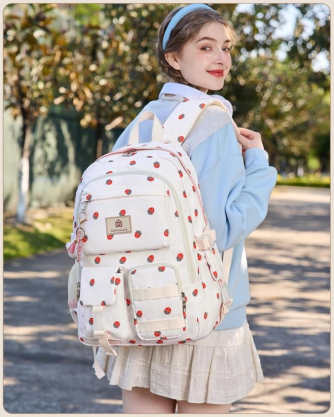 Laptop School Backpack for Teen Girls Women 15.6 Inch Cute College Backpacks Large Elementary Middle High School Bag Kids Student Strawberry Bookbag Anti Theft Travel Casual Daypack (Beige-Strawberry)