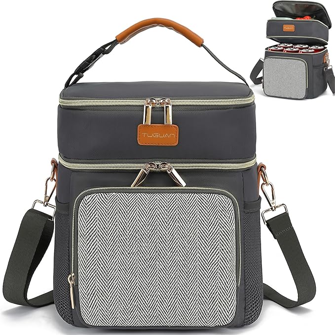 Tuguan Small 12 Can Cooler Bag Double-Layer Premium Portable Insulated Leakproof Lunch Bag Box with Ice Pack Mini Ice Chest Travel Soft Side Cooler for Picnic Hiking Beach Camping