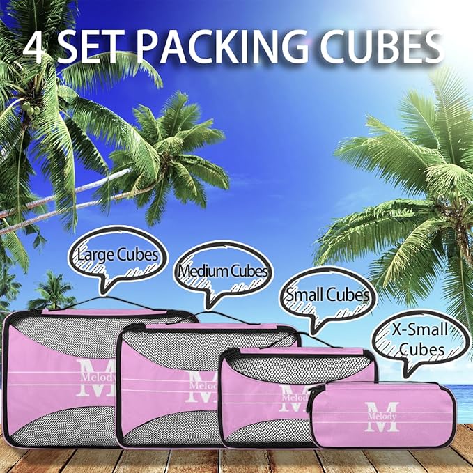 Personalized Name 4 Set Packing Cubes Pink Luggage Packing Organizers Travel Accessories for Women Girls with Initial Letter
