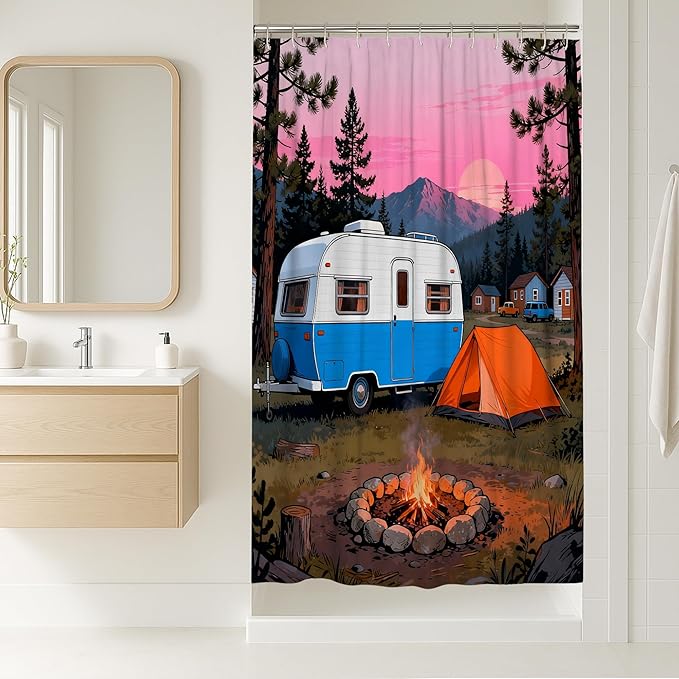 Camping Stall Shower Curtain, Outdoor Adventure Tent Campfire Summer Blue Waterproof Fabric Design Print Bath Curtains for Bathroom Toile Guest Room Decor 36x72 Inch