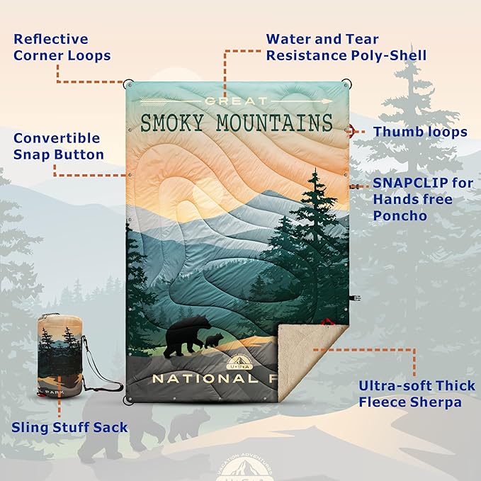 Sherpa Puffy Outdoor Camping Blanket for Traveling, Picnics, Beach, Concert, Car, Stadium, Sporting Events - Wearable Warm Waterproof - 55 X 78 (Great Smoky Mountains NP)
