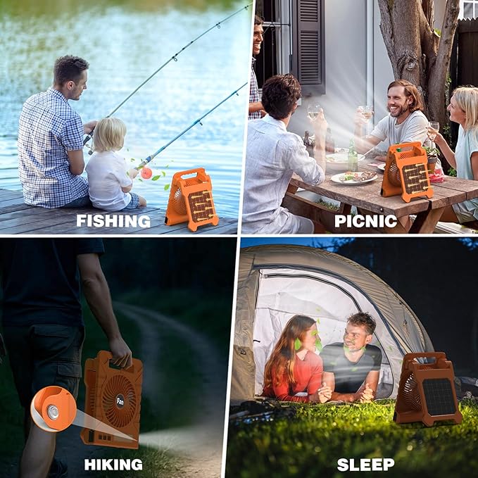 Portable Solar Camping Fan, 4000mAh Rechargeable Battery Fan with LED Lantern, 4 Speeds & Timers, Quiet Fan for Outdoor, Tent, Fishing, Chicken Coop, Emergency, Worksite