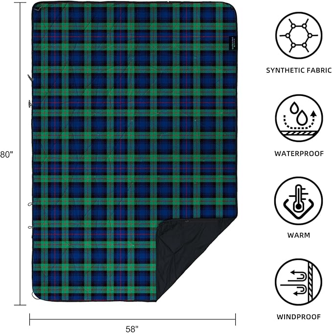 Outdoor Waterproof Blanket, Foldable Fleece Stadium Blanket for Outdoor Sports Event, Camping, Car, Pet, Picnics - Windproof, Wearable, Machine Washable 80" x 58" (Green Check)