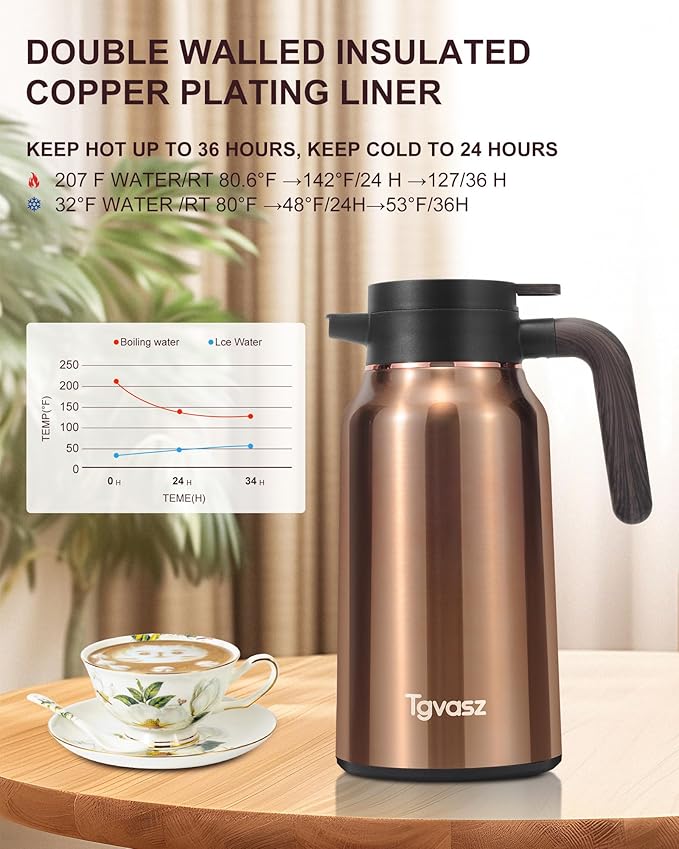 Thermal Coffee Carafe 70 oz - 36 Hour Hot (Fullness of Carafe) Carafes for Hot Liquids-Insulated Coffee Carafes For Keeping Hot/Cold Coffee, Tea, Water, Drink Dispenser for Parties(Gold)