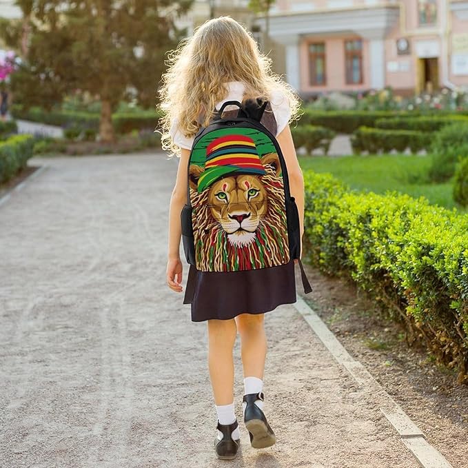Men Women Polyester Reggae Rasta Flag Lion Daypack Bookbag Big Capacity Shoulder Bag With Padded Straps for Climbing Travel Walking Cycling