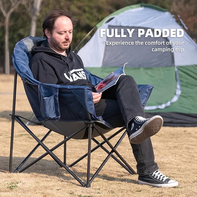 Oversized Camping Chair with Cup Holder & Carry Bag - 500lbs Heavy Duty Moon Saucer Chair for Outdoor, Lawn, Sports, Patio - Padded Folding Sofa Chair, Blue & Gray