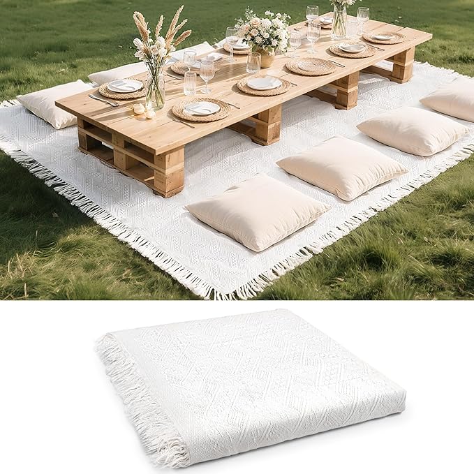110 x 91 Extra Large White Outdoor Picnic Blanket, Woven Cotton Yarn Oversize Portable Blanket with Fringe for Camping, Lawn or Wedding. Indoor Bohemia Decorations, Machine Washable (110x91 Inches)