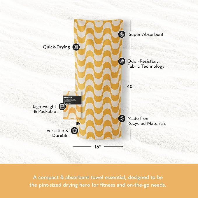 Nomadix Mini Towel - Perfect for Beach, Pool, Travel, Camping, Yoga - Made with Recycled Materials - Super Absorbent - Sand Resistant - Copacabana Mango - 16" x 40"