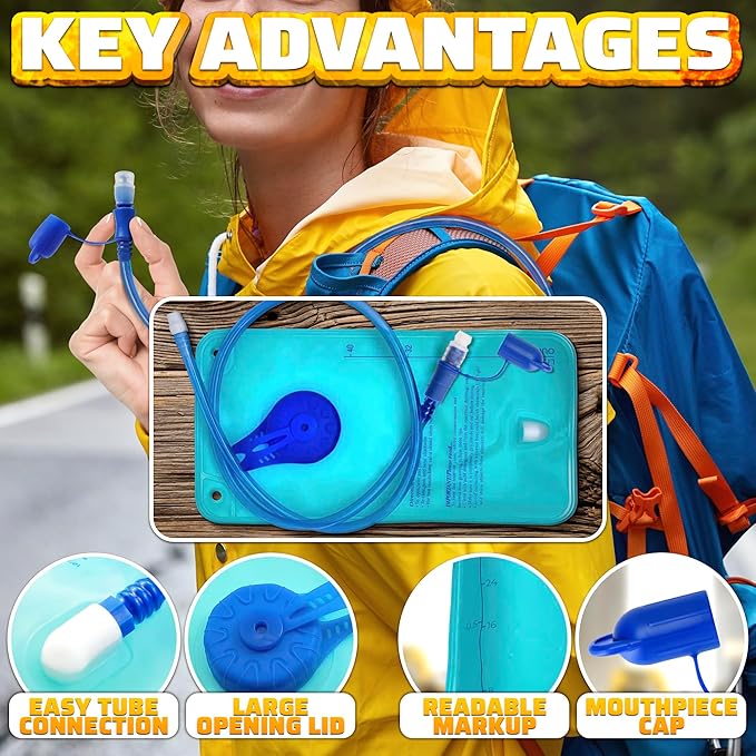 Water Bladder for Hiking Backpack – 1L/1.5L TPU Material Hydration Bladder with Readable Markup, Large Opening Lid, Mouthpiece Cap & Easy Tube Connection – Water Pouch for Backpac , Camping Trips