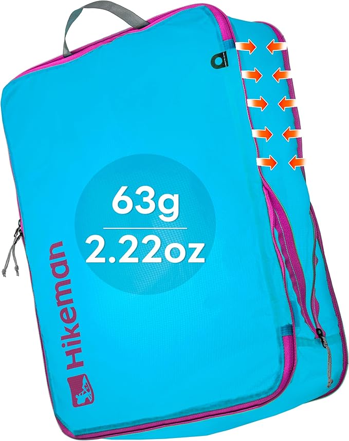 HIKEMAN Ultralight Compression Packing Cubes Lightweight Compression Bags for Camping or Backpacking 40% Space-Saving Compression zippers durable Water-Resistant Fabric (Blue, Large)