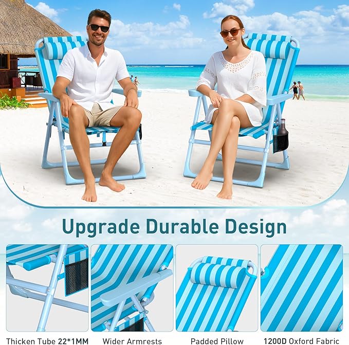 Suteck Backpack Beach Chair, 6-Positions Beach Chairs for Adults with Cooler Bag, Reclining Beach Chair with Cup Holder Folding Camping Chair for Sand Outdoor