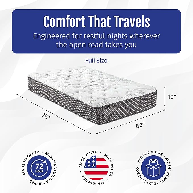 WanderRest Cool Hybrid 10” RV Mattress, Full 53x75, Medium, Cooling Gel Memory Foam & Pocketed Coil Mattress for RV, Camper, or Travel Trailer, Made in USA