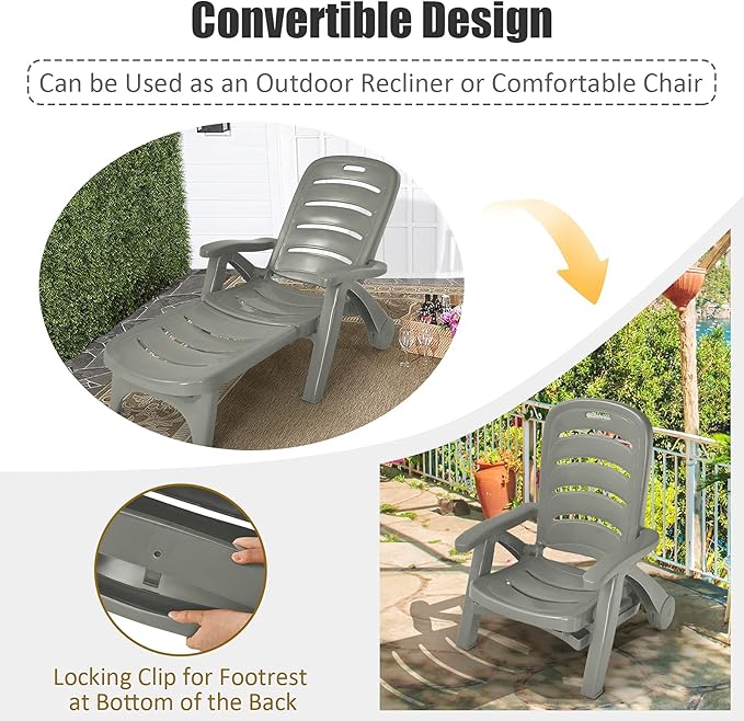 Tangkula Outdoor Chaise Lounge Chair, Adjustable 5-Position Recliner Chair with Built-in Wheels, Weather-Resistance Folding Lounge for Patio, Backyard, Poolside and Beach (1, Grey)