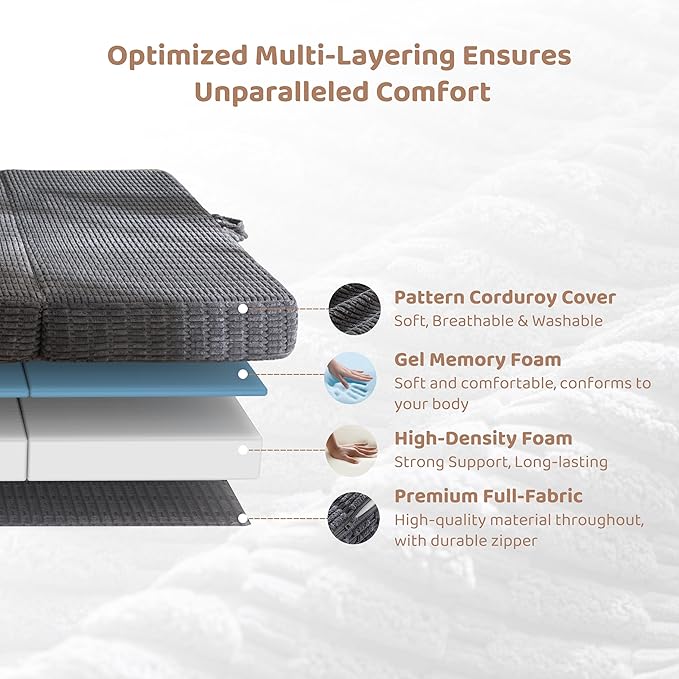 BYBYME Memory Foam Tri-Folding Mattress, 6 Inch Gel Folding Mattress Topper, Foldable Soft Guest Bed Camping Pad, with Washable Cover