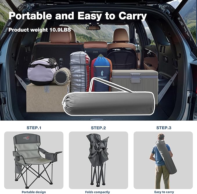 Oversized Folding Camping Chair, Heavy Duty Support 500LBS Outdoor Chair with Cup Holder Storage and Cooler Pouch, Collapsible Padded Arm Chair for Sports Garden Beach Fishing, Grey