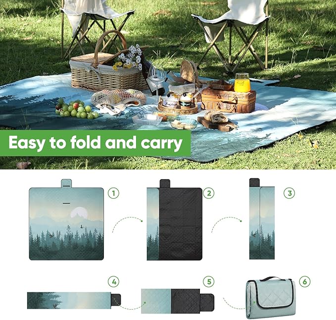 Picnic Blanket Waterproof Extra Large 79”x79” 210D Oxford Outdoor Blanket for Grass Portable Sand Proof Beach Blanket for 6-8 Adults, Morning Forest