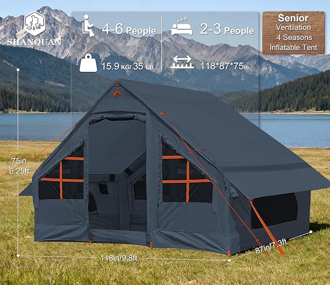 Inflatable Tents for Camping with Stove Jack, 2/4/6/8 Person Easy Setup Blow Up Tents for 4 Seasons Waterproof Inflatable Camping Tent with Awning, Air House Glamping Tents for Camping Adult
