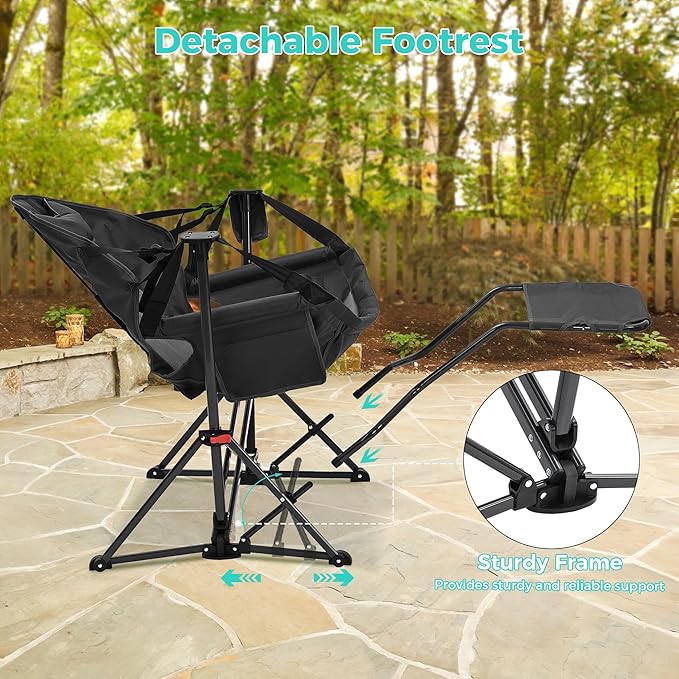 Ainfox Hammock Camping Chair with Footrest, Foldable Portable Rocking Chairs for Adults Outside Swinging Camp with Cup Holder Pillow for Outdoor Patio Poolside (Black)