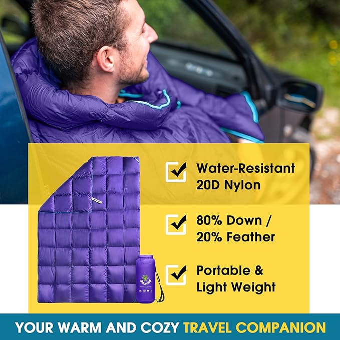 4Monster Down Camping Blanket - Outdoor Travel Quilt Puffy 650 Fill, Packable, Lightweight,Wind & Waterproof | Ideal for Stadium, Backpacking,Picnics, Beach and Hiking