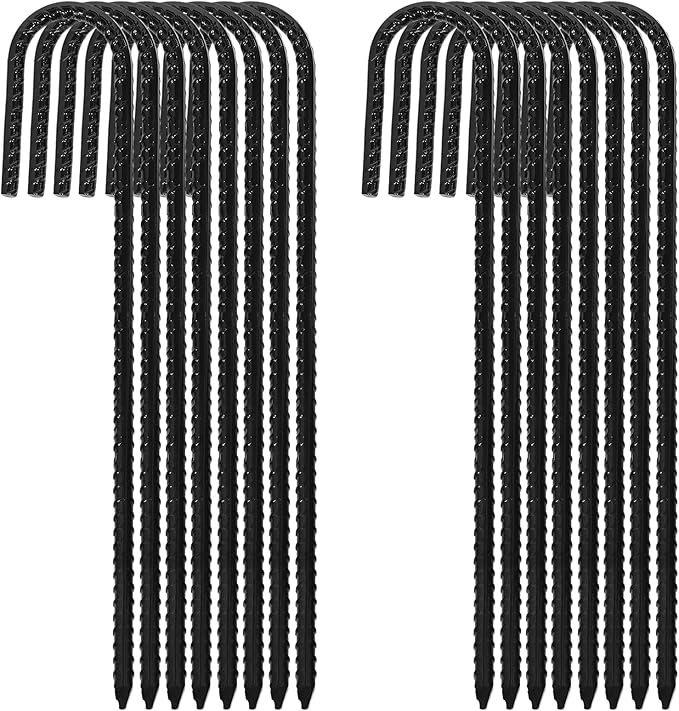 ERYTLLY 12In Rebar Stakes J Hook Heavy Duty Galvanized Metal Stakes for Ground Barrel Soil Tent Swing Set Anchors Fence Stakes Curved Steel Plant Support Garden Stakes with Hooks（12in 16pk）