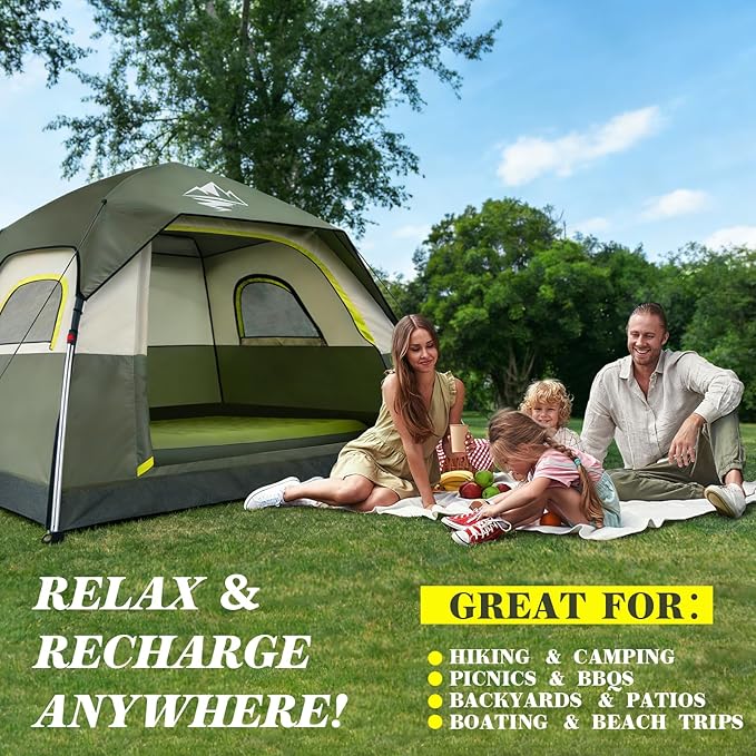 Camping Tent 2/3/4 Person Instant Pop Up Tents for Camping - 40s Automatic Easy Setup Tent with Rainfly, Double-Layer Waterproof & Windproof Instant Tents with Welcome Mat for Camping & Hiking